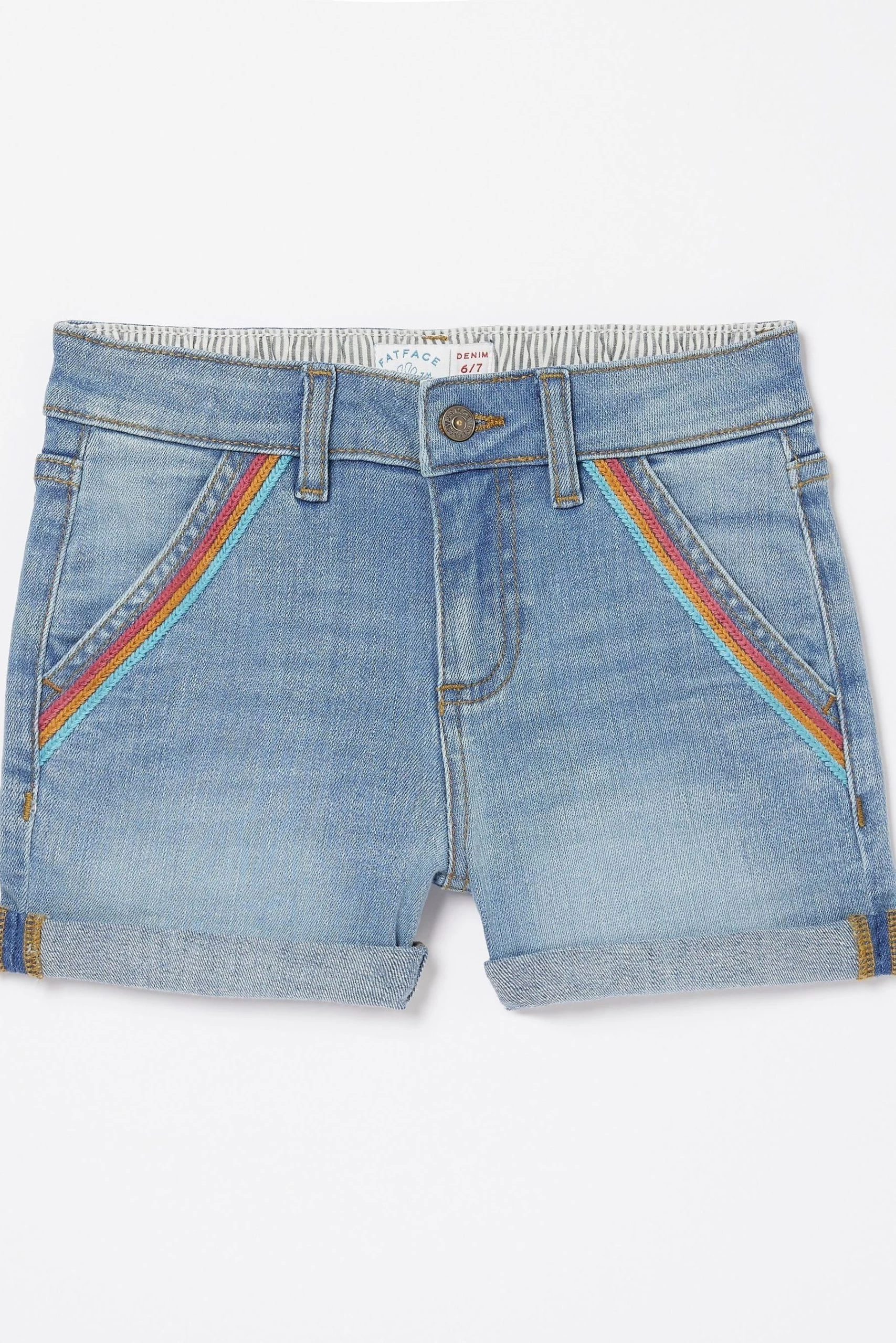 FatFace Blue Rainbow Embroidered Denim Shorts 1 FatFace Blue Rainbow Embroidered Denim Shorts