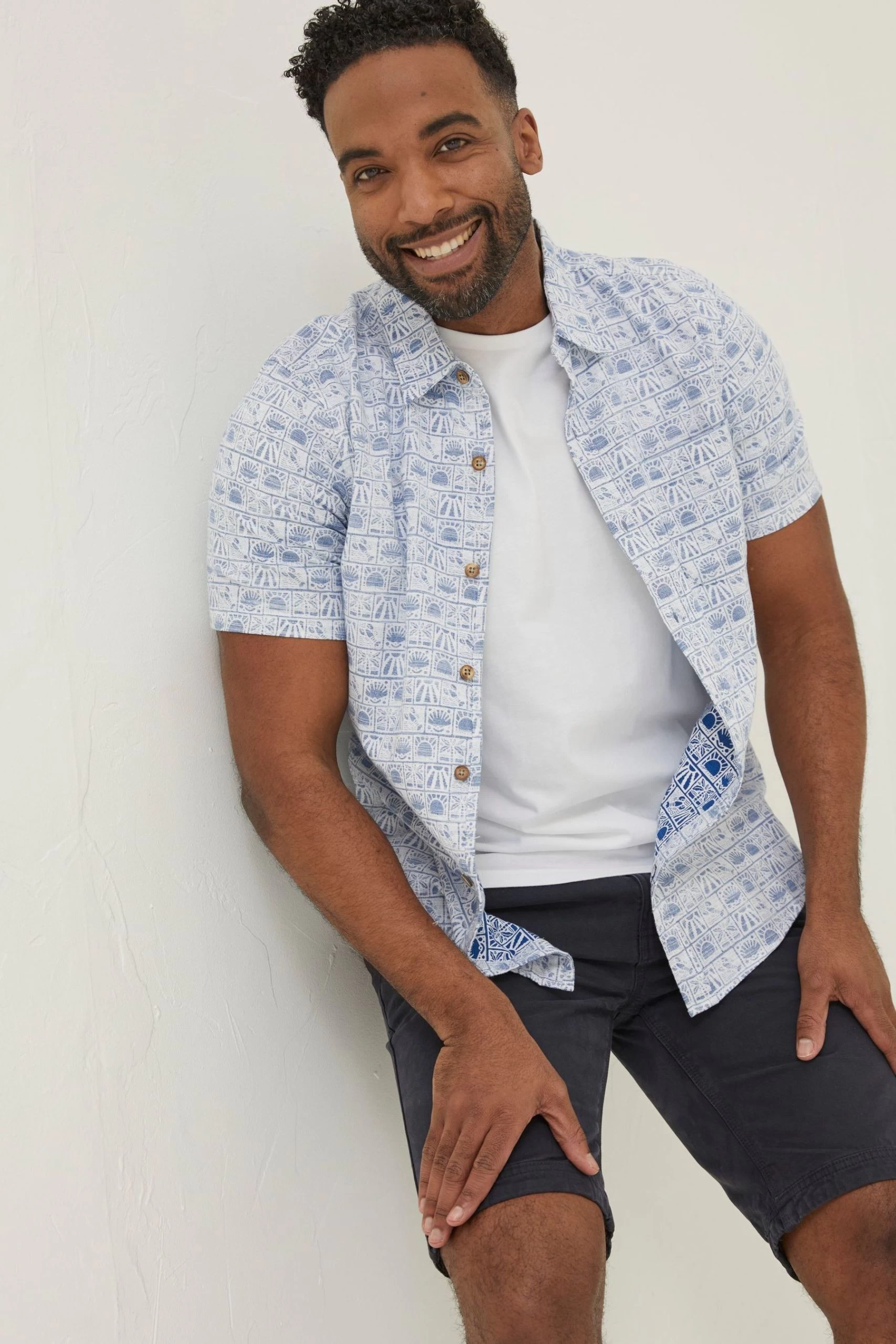 FatFace Blue Vintage Tile Print Shirt 1 FatFace Blue Vintage Tile Print Shirt