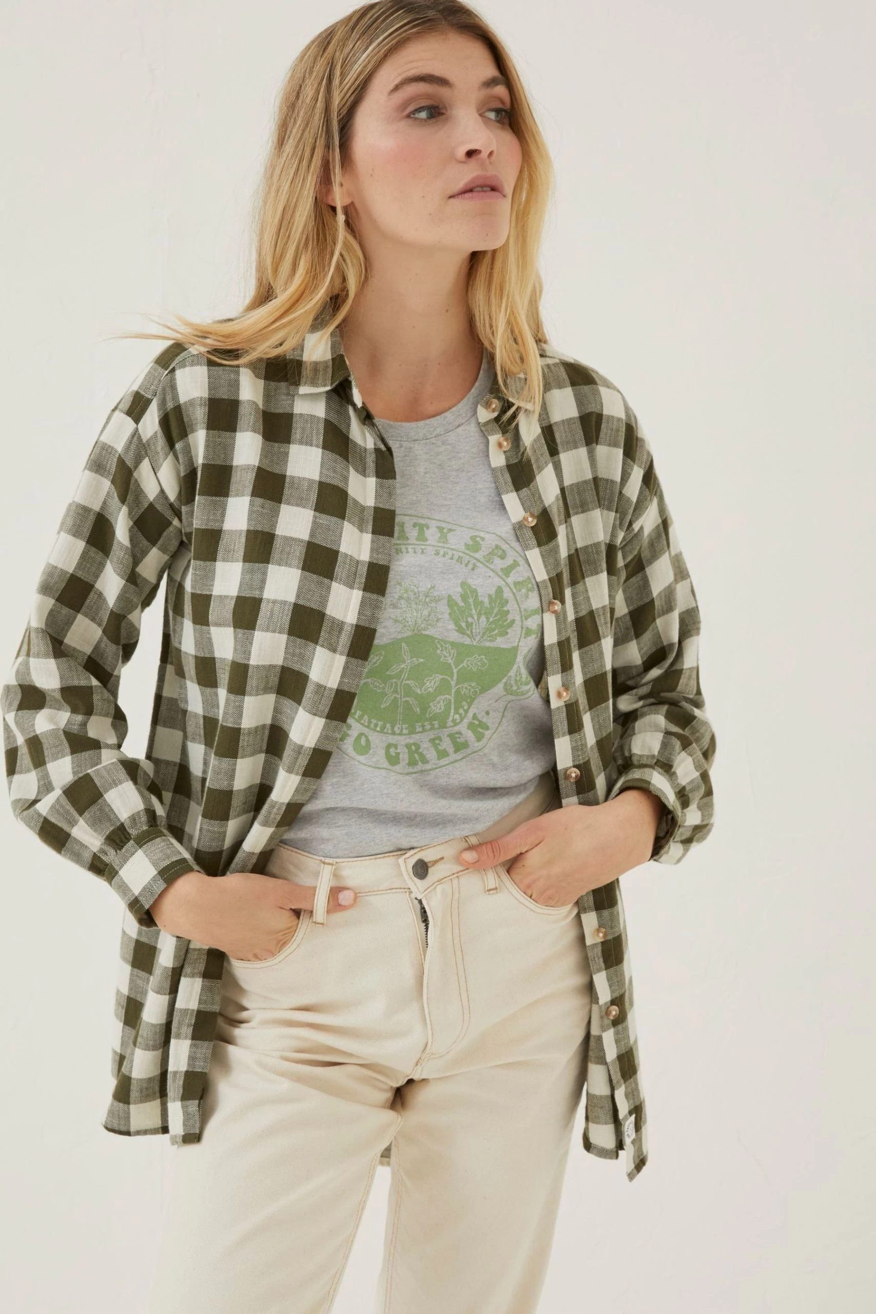 FatFace Green Billie Check Longline Shirt 1 FatFace Green Billie Check Longline Shirt