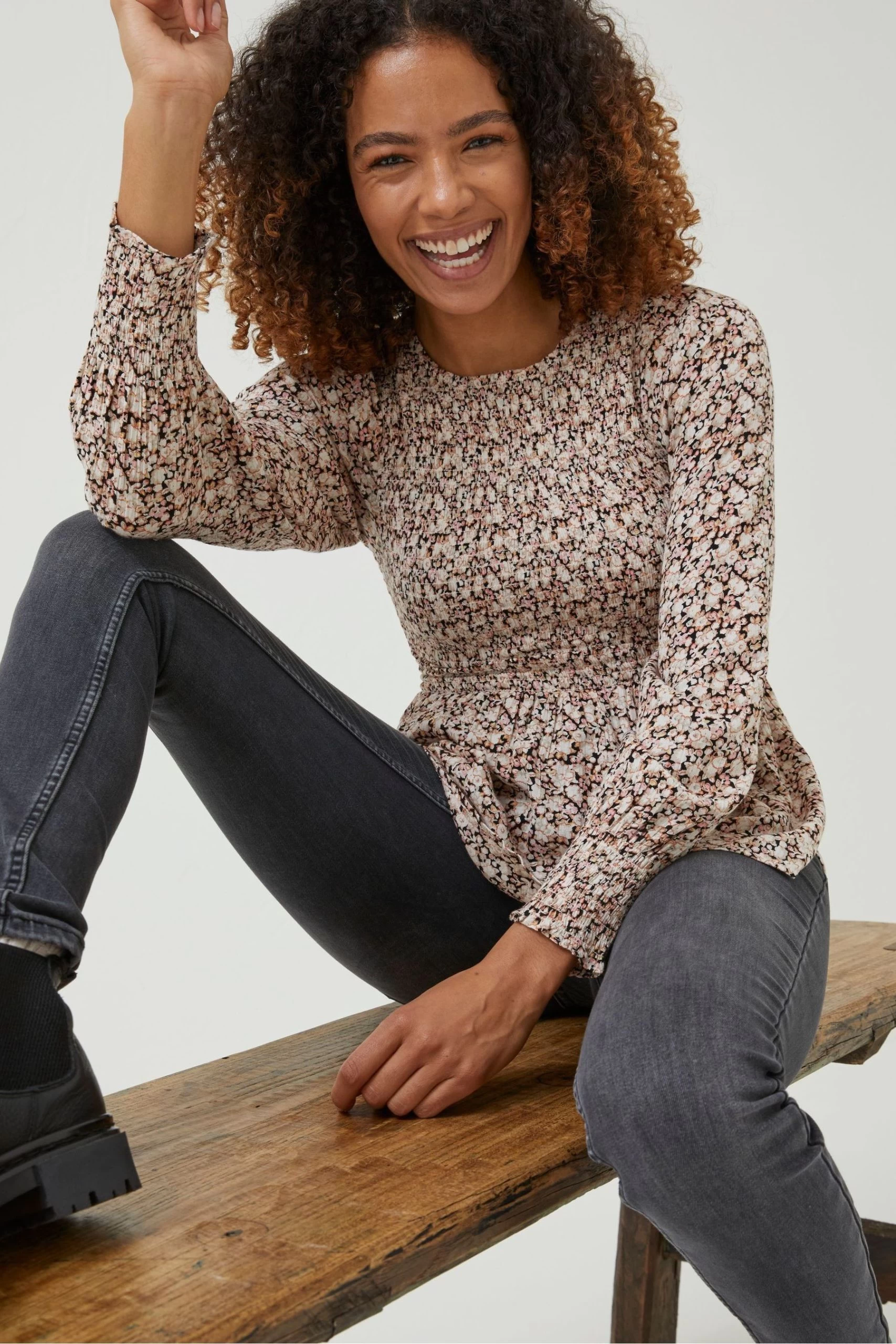 FatFace Fran Brown Meadow Spring Shirred Top 3 FatFace Fran Brown Meadow Spring Shirred Top - Image 3