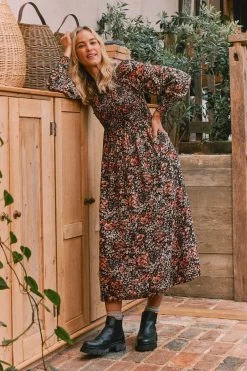 FatFace Fern Blush Floral Midi Black Dress