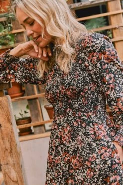 FatFace Fern Blush Floral Midi Black Dress -Fashion Clothing Store D57 783s3