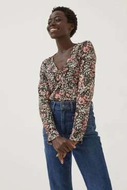 FatFace Rhian Blush Floral Black Top