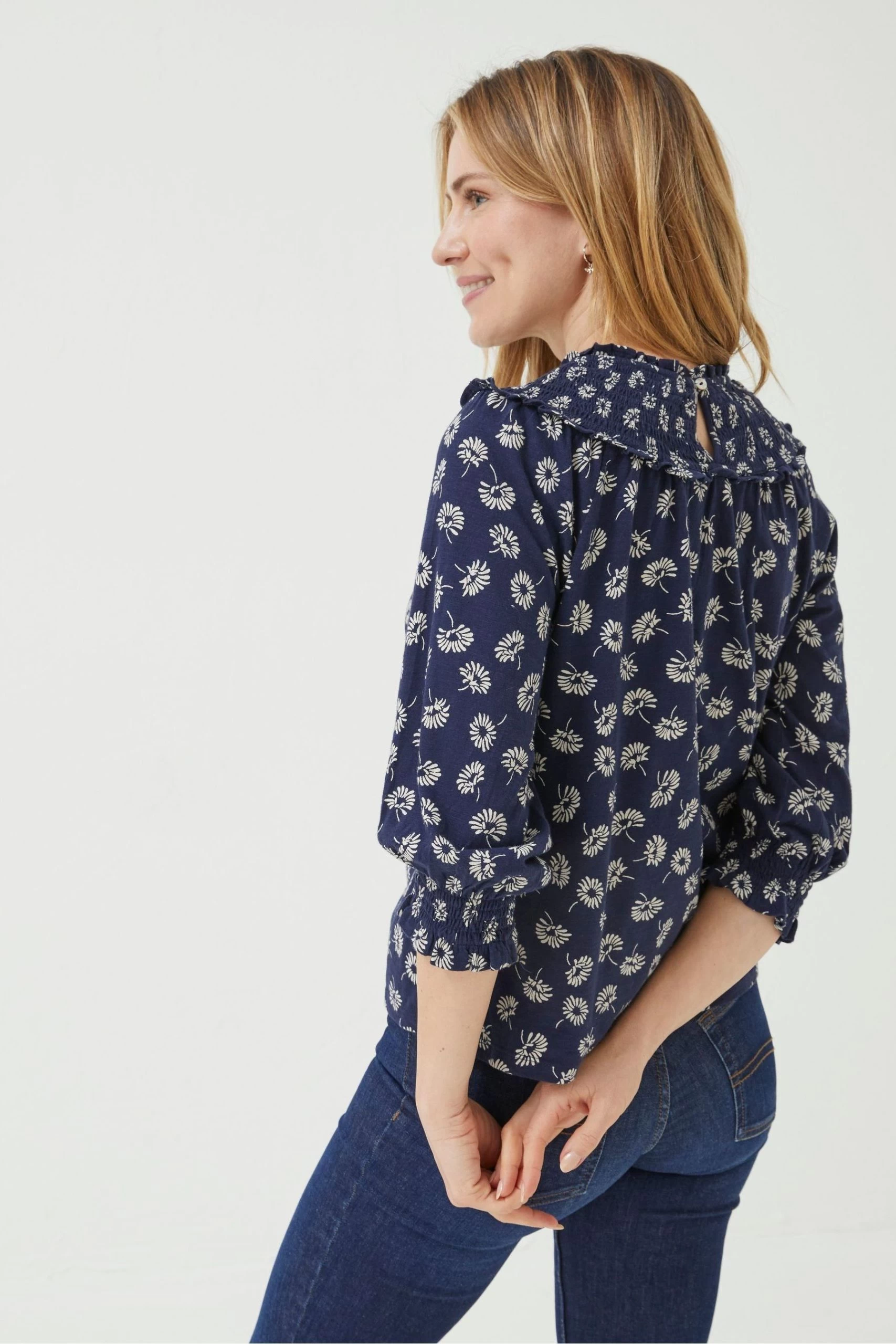FatFace Blue Sienna Mono Daisy Smock Top 2 FatFace Blue Sienna Mono Daisy Smock Top - Image 2