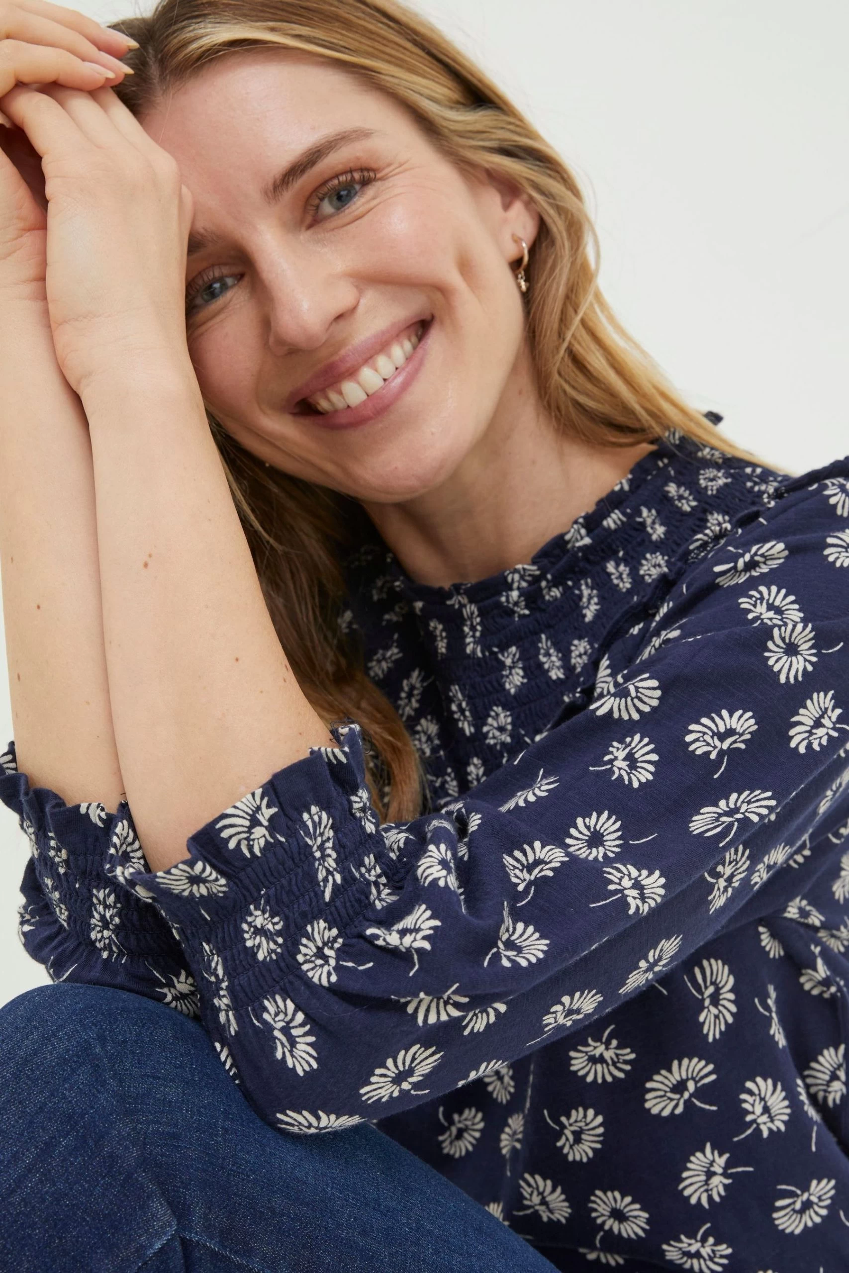 FatFace Blue Sienna Mono Daisy Smock Top 4 FatFace Blue Sienna Mono Daisy Smock Top - Image 4