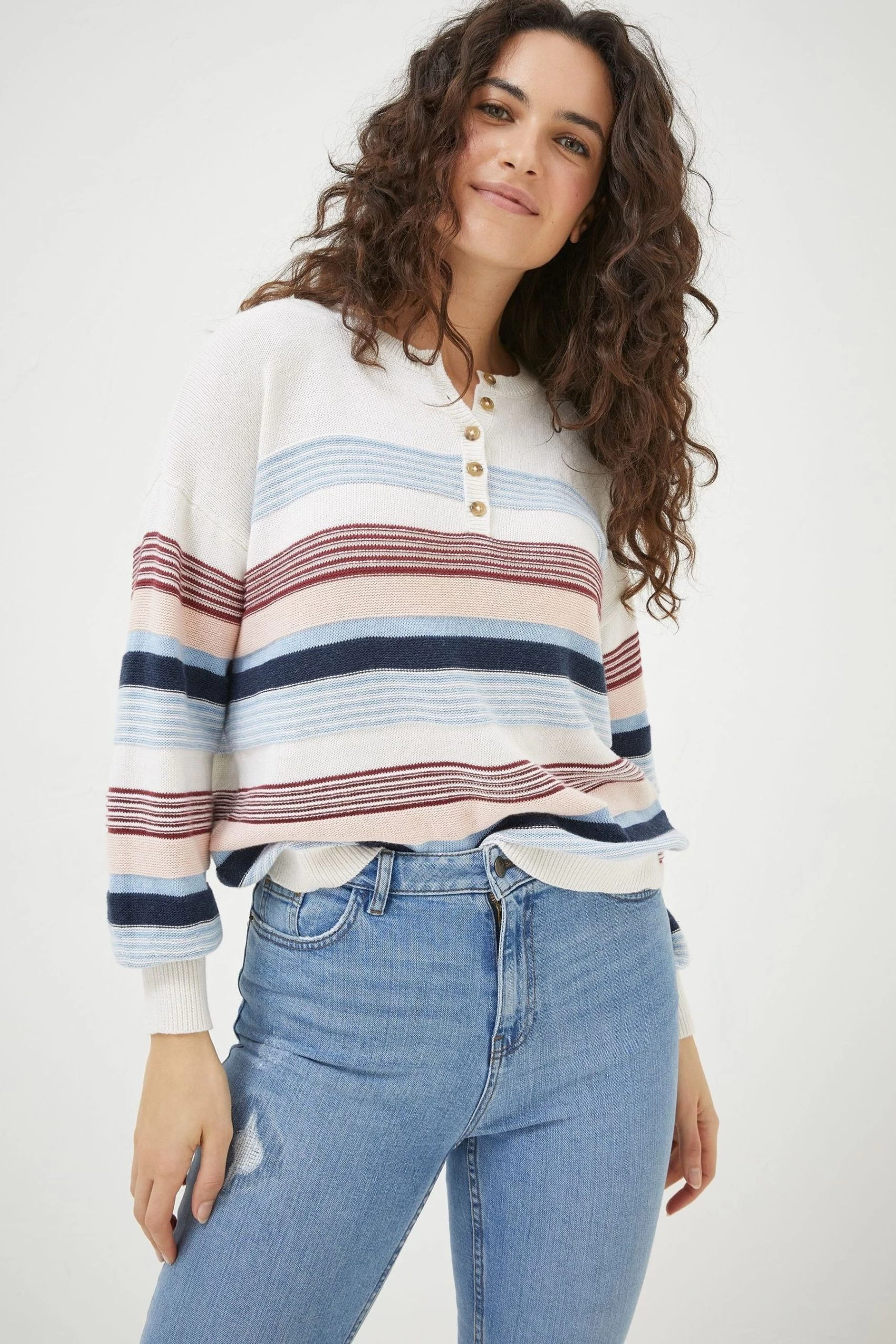 FatFace Blue Sophia Stripe Henley Jumper 2 FatFace Blue Sophia Stripe Henley Jumper - Image 2