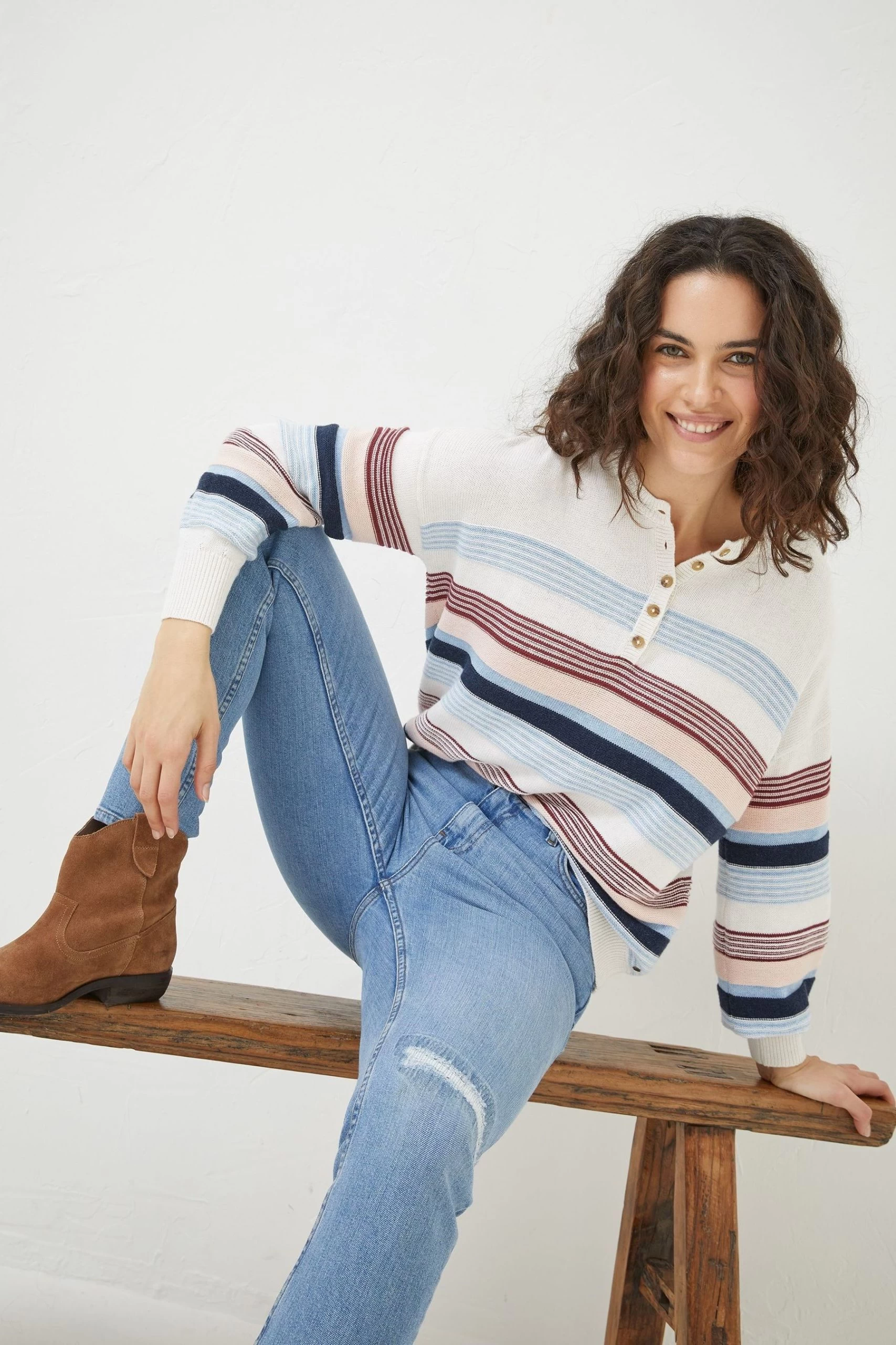 FatFace Blue Sophia Stripe Henley Jumper 4 FatFace Blue Sophia Stripe Henley Jumper - Image 4