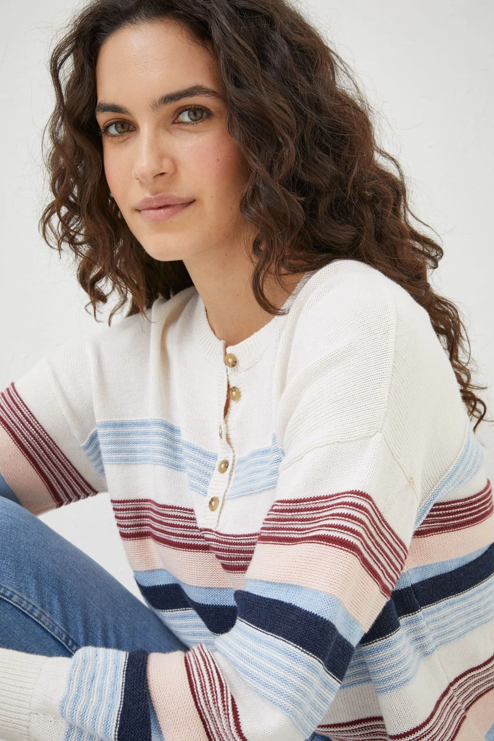 FatFace Blue Sophia Stripe Henley Jumper 5 FatFace Blue Sophia Stripe Henley Jumper - Image 5