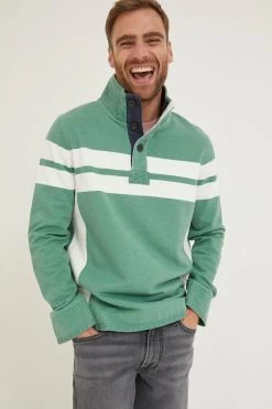 FatFace Green Airlie Stripe Button Neck Sweatshirt