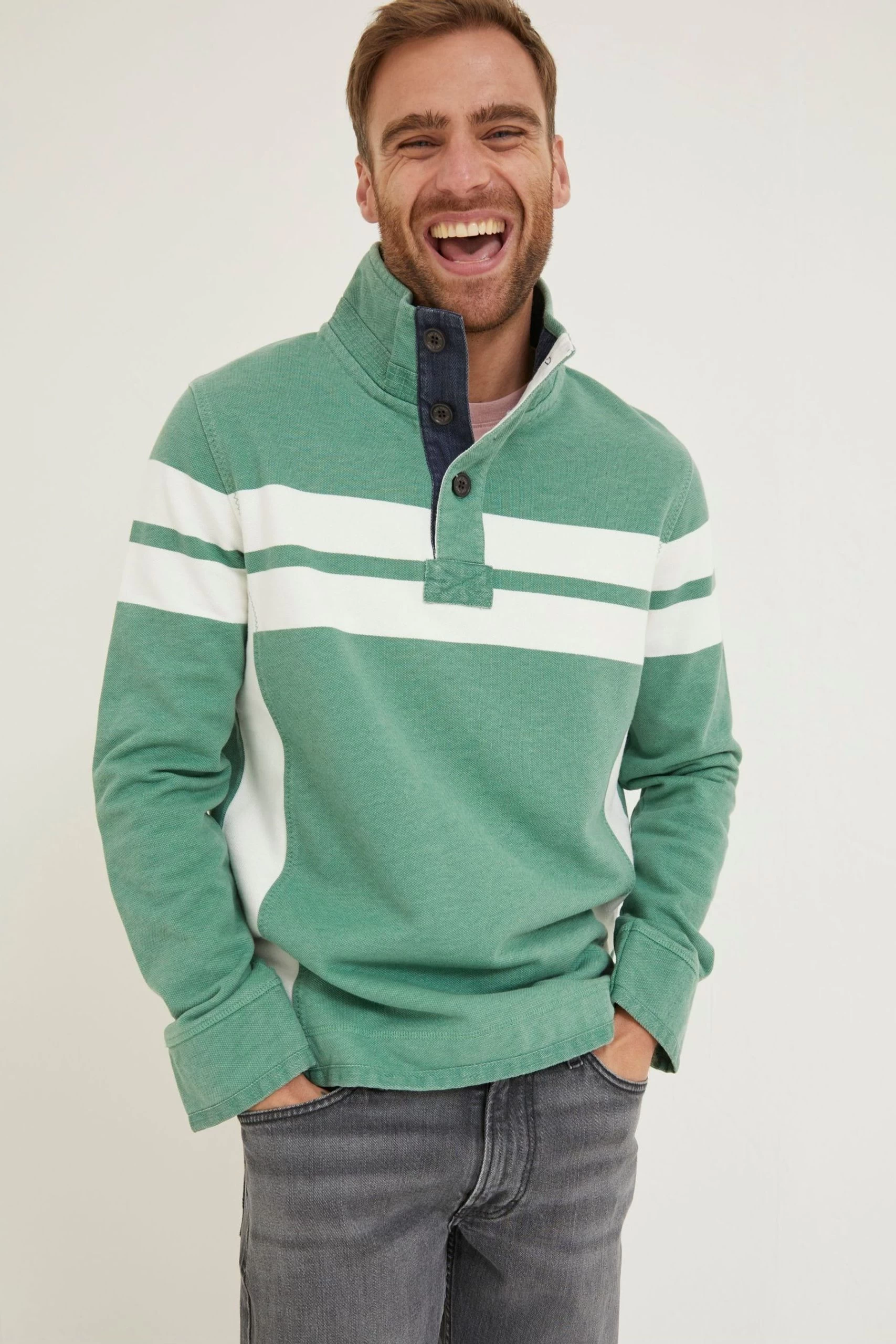 FatFace Green Airlie Stripe Button Neck Sweatshirt 1 FatFace Green Airlie Stripe Button Neck Sweatshirt