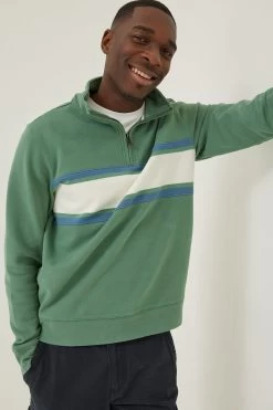 FatFace Green Fowey Stripe Half Neck Sweatshirt