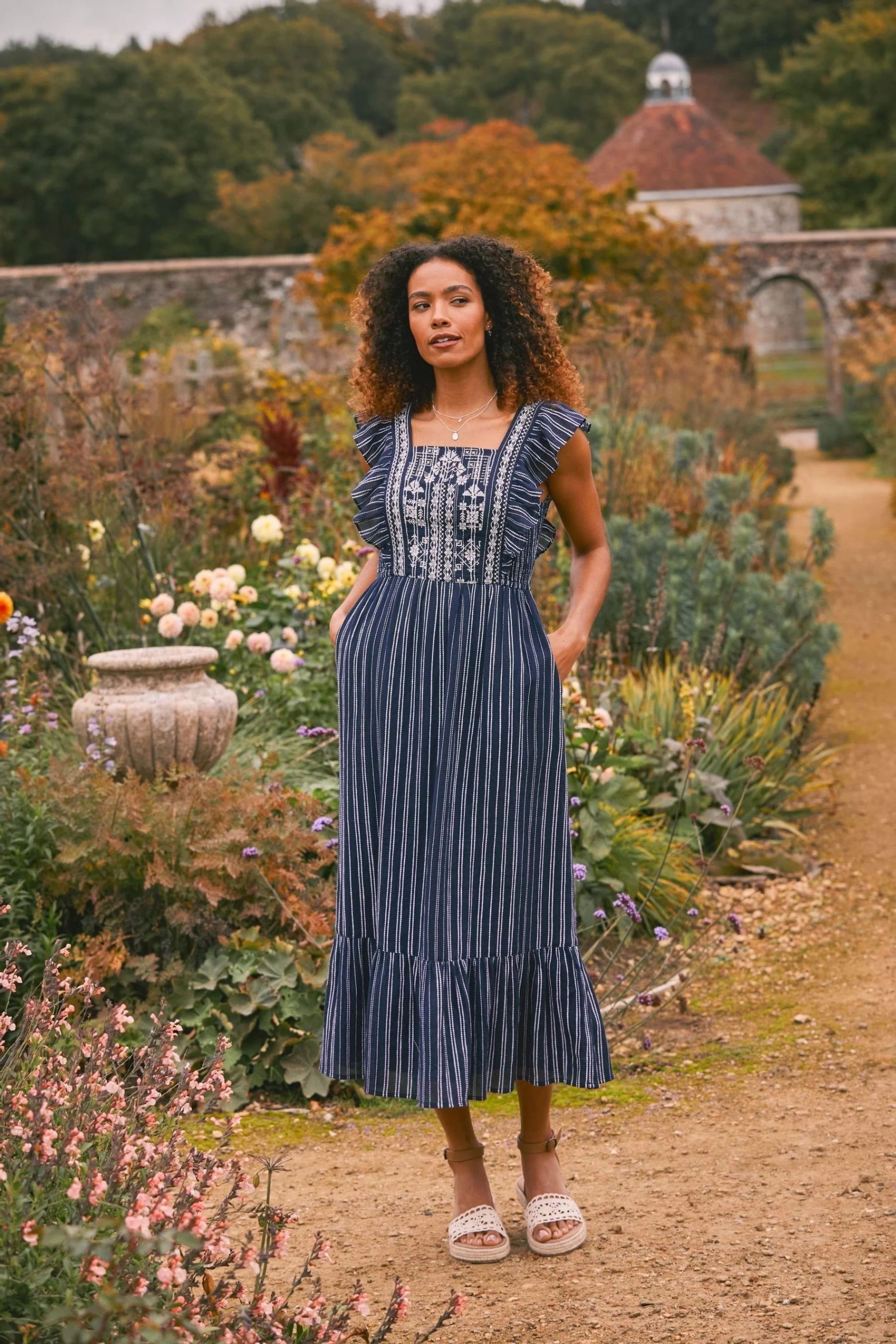 FatFace Blue Izzi Stripe Embroidered Dress 1 FatFace Blue Izzi Stripe Embroidered Dress