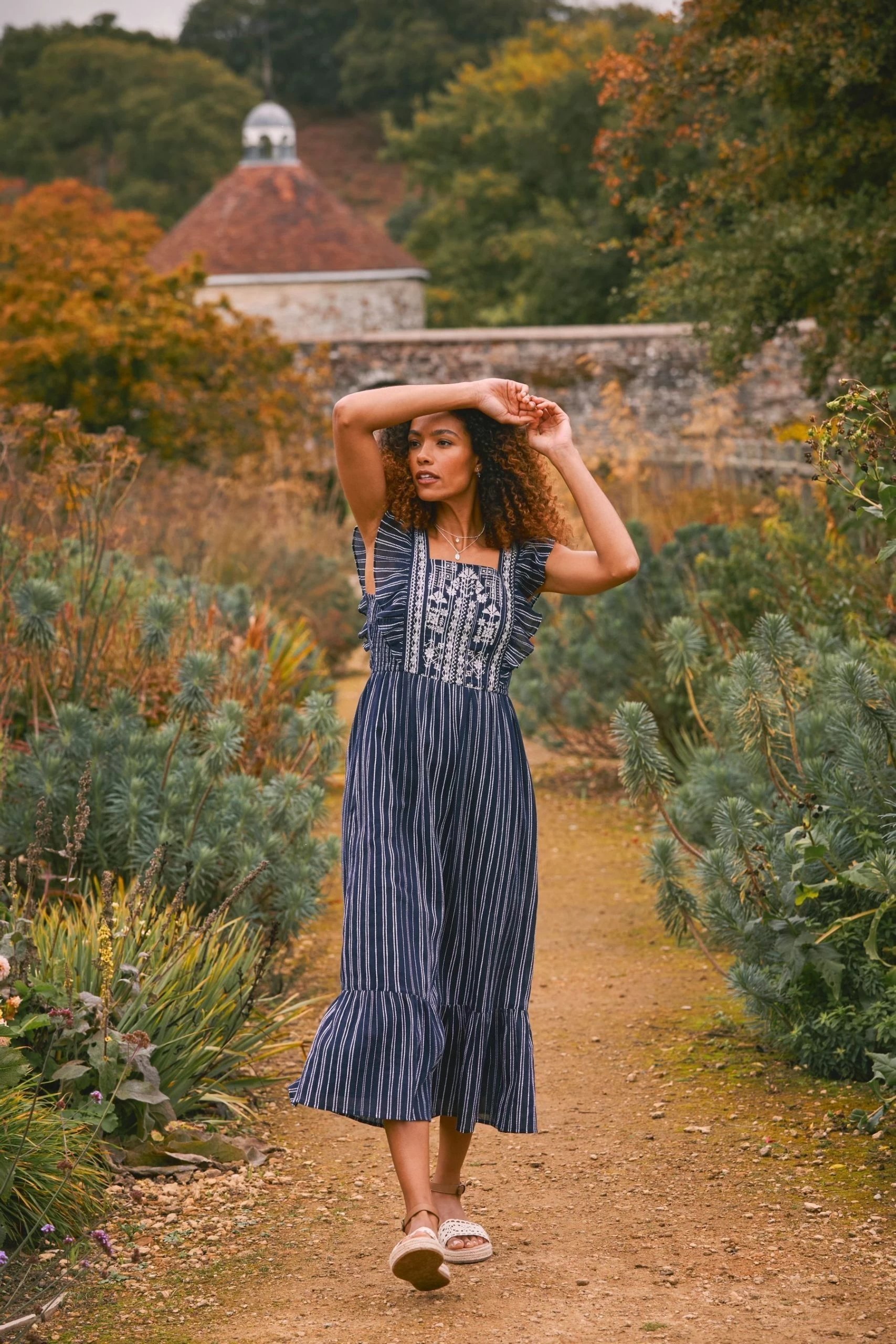 FatFace Blue Izzi Stripe Embroidered Dress 2 FatFace Blue Izzi Stripe Embroidered Dress - Image 2