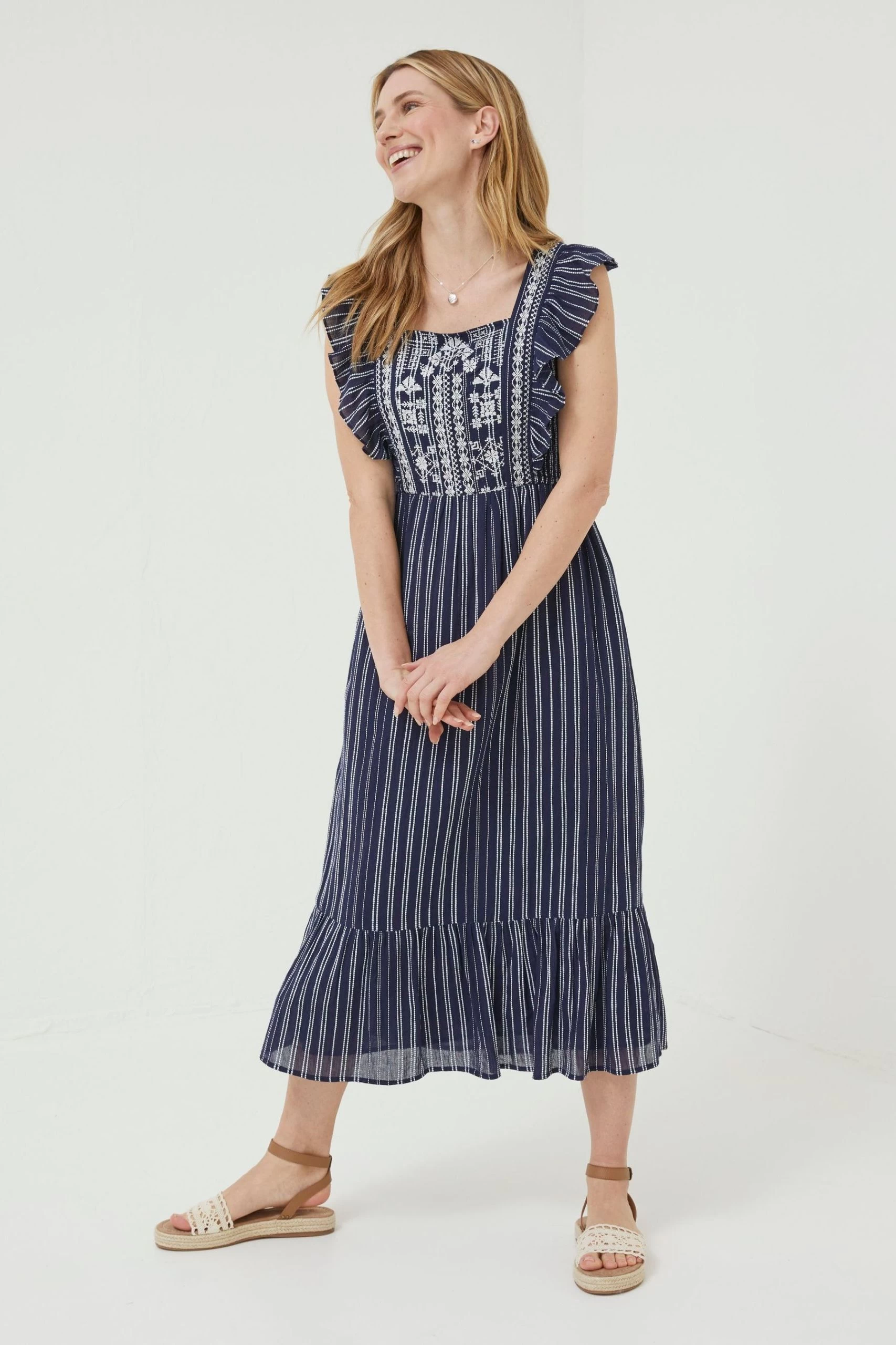 FatFace Blue Izzi Stripe Embroidered Dress 3 FatFace Blue Izzi Stripe Embroidered Dress - Image 3