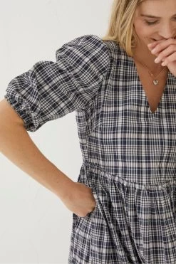 FatFace Blue Hannah Check Midi Dress -Fashion Clothing Store D90577s5