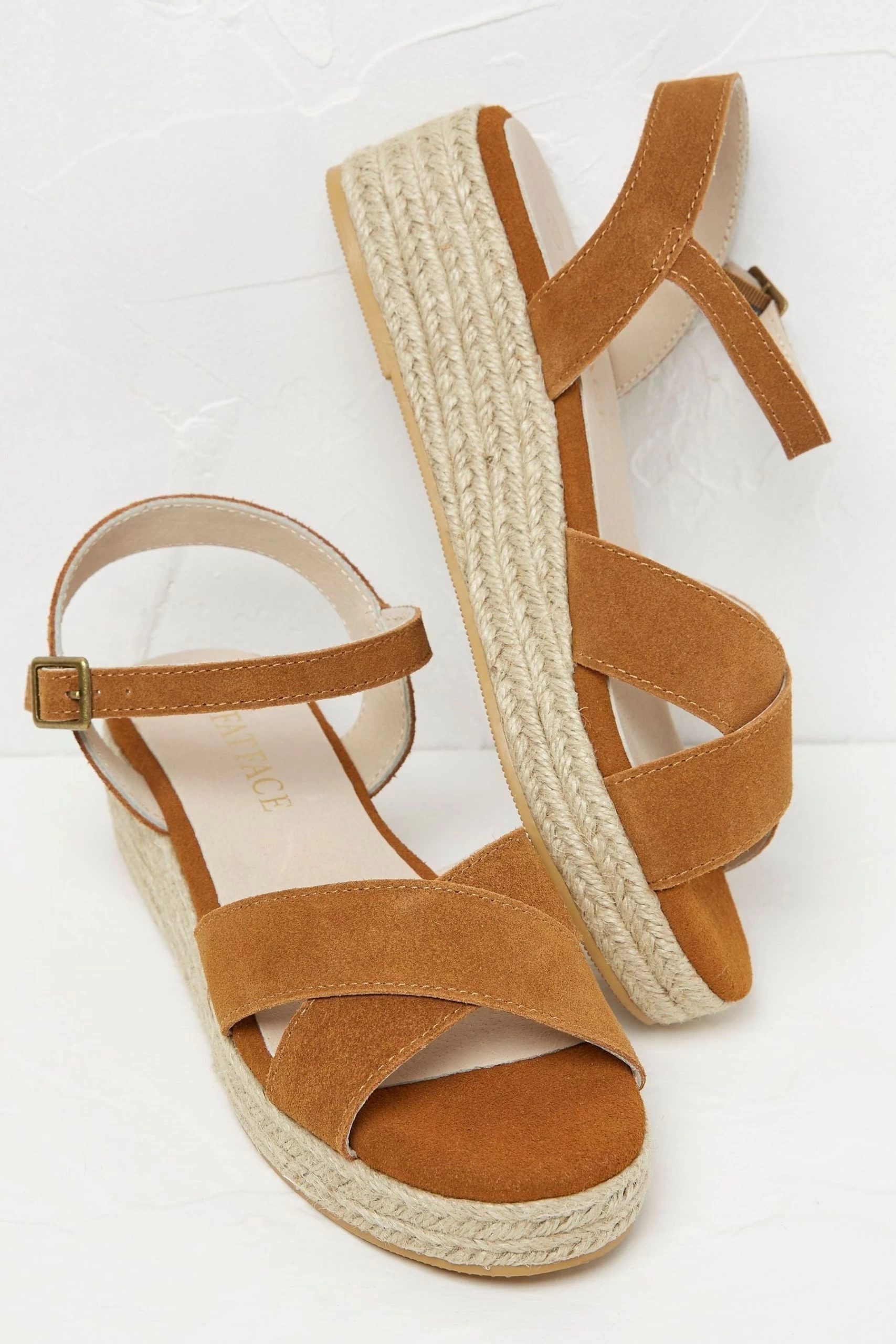 FatFace Brown Crossover Mini Wedge Sandals 2 FatFace Brown Crossover Mini Wedge Sandals - Image 2