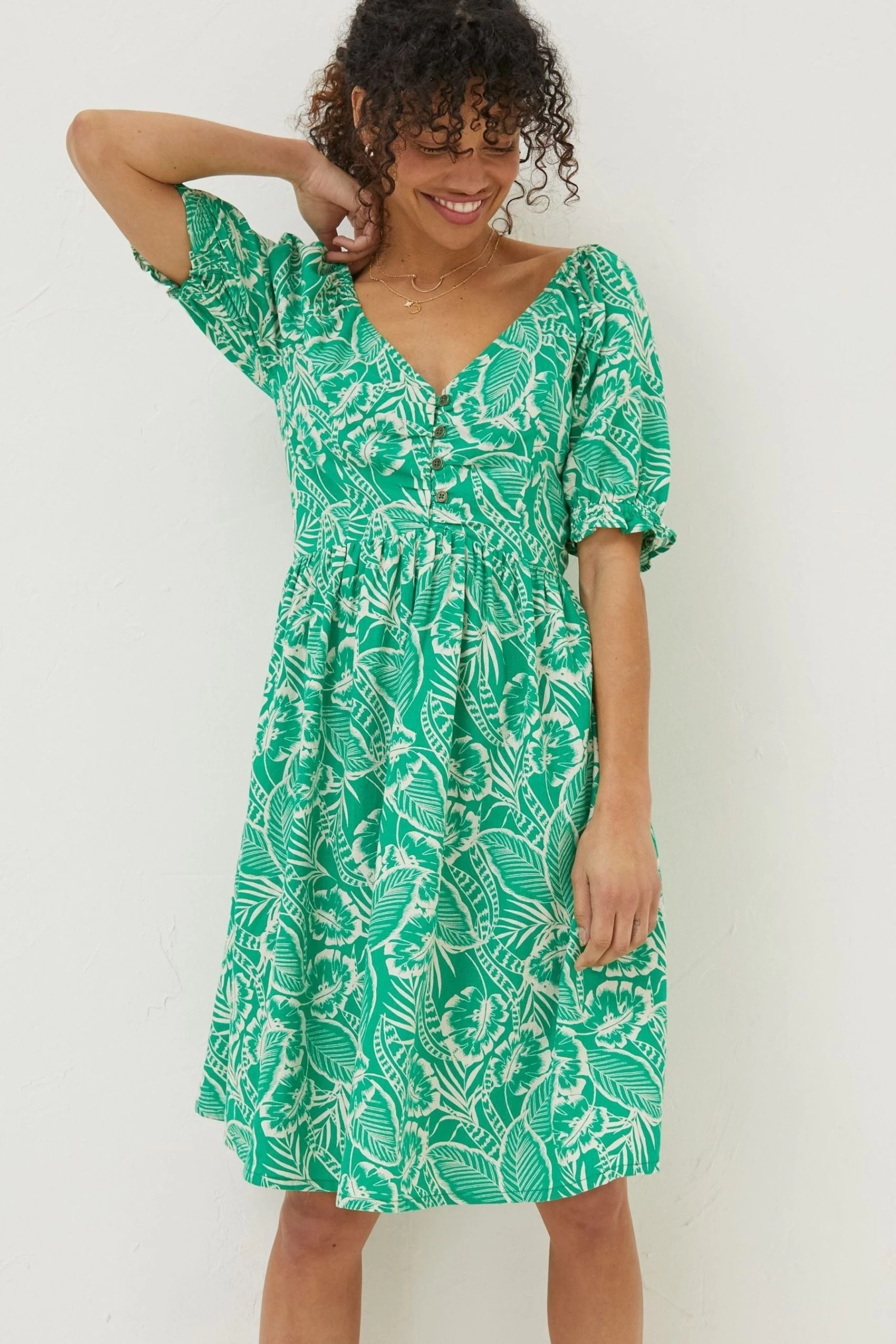 FatFace Green Aideen Linen Blend Leaf Dress 1 FatFace Green Aideen Linen Blend Leaf Dress