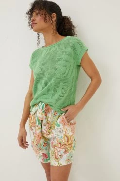 FatFace Green Faye Palm Button Back Knit Top