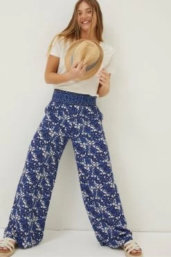 FatFace Blue Geo Batik Shirred Palazzo Trousers -Fashion Clothing Store T49488s3