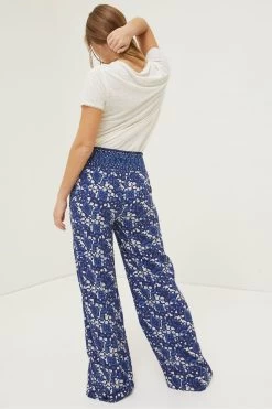 FatFace Blue Geo Batik Shirred Palazzo Trousers -Fashion Clothing Store T49488s4