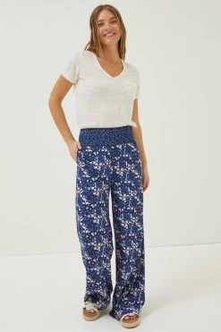 FatFace Blue Geo Batik Shirred Palazzo Trousers -Fashion Clothing Store T49488s5