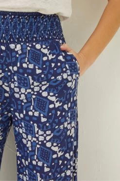 FatFace Blue Geo Batik Shirred Palazzo Trousers -Fashion Clothing Store T49488s6