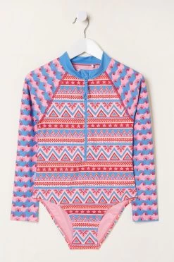 FatFace Pink Aztec Long Sleeve Swimsuit
