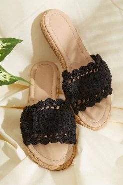 FatFace Cate Crochet Raffia Black Sliders -Fashion Clothing Store T53241s4