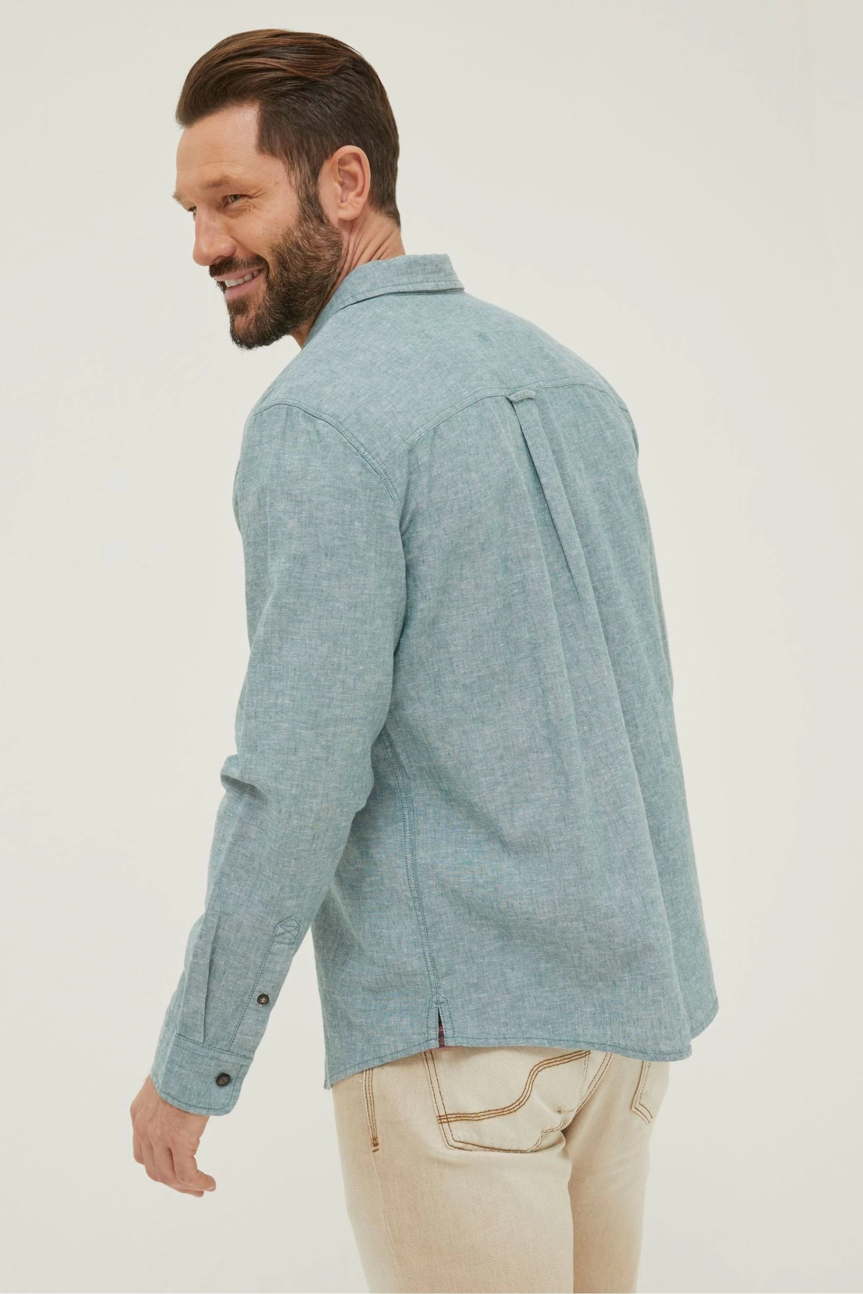 FatFace Green Long Sleeve Bugle Linen Cotton Shirt 2 FatFace Green Long Sleeve Bugle Linen Cotton Shirt - Image 2