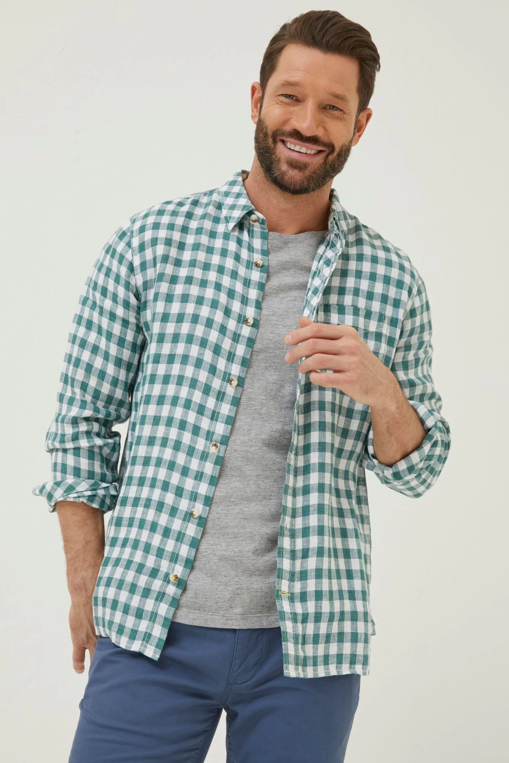 FatFace Green Gingham Linen Shirt 1 FatFace Green Gingham Linen Shirt