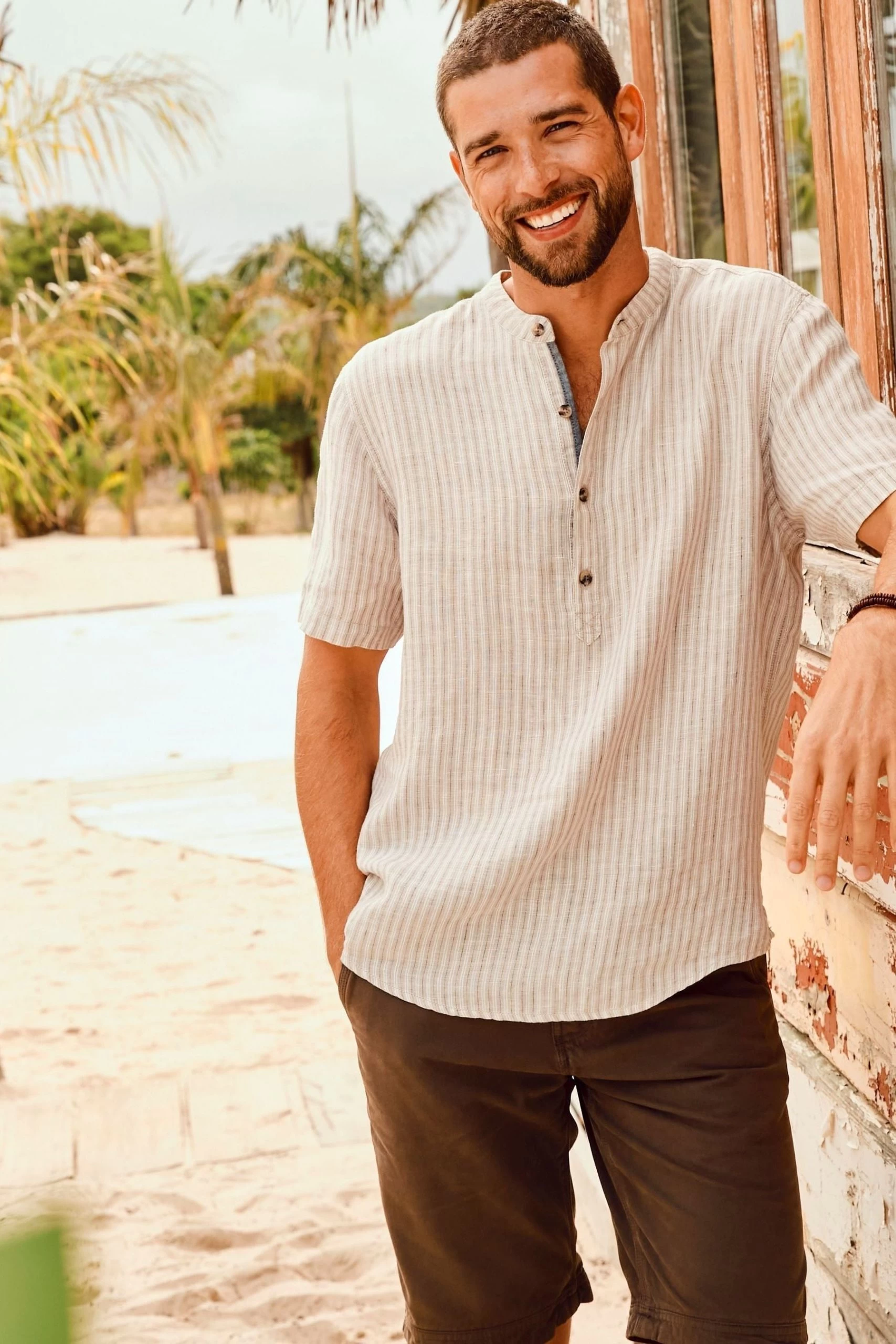 FatFace Natural Stripe Pop Over Linen Shirt 2 FatFace Natural Stripe Pop Over Linen Shirt - Image 2