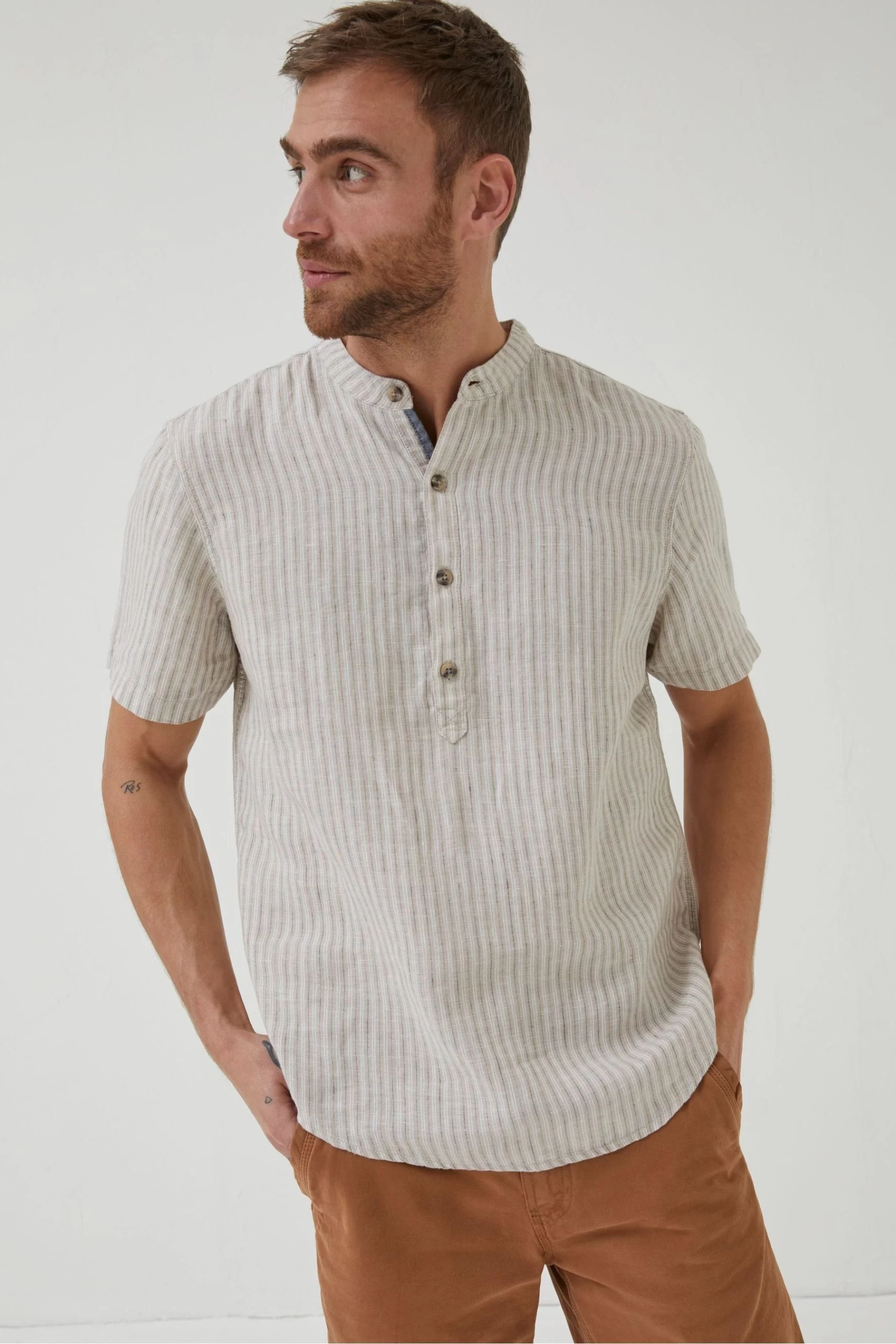 FatFace Natural Stripe Pop Over Linen Shirt 3 FatFace Natural Stripe Pop Over Linen Shirt - Image 3