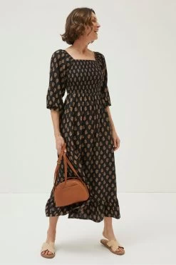 FatFace Adele Woodblock Black Midi Dress