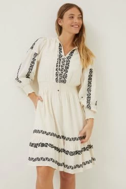 FatFace Natural Devin Embroidered Dress